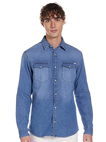 Jack & Jones S JJESHERIDAN Shirt L/S Camicia in Jeans, Blu (Medium Blue Denim Fit:Slim), Large Uomo