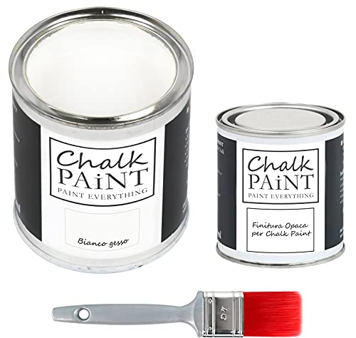 CHALK PAINT EVERYTHING Bianco Gesso & FINITURA + PENNELLO - Kit Pronto Vernicia e Proteggi (750 ml Colore + 250 ml Finitura + Pennello Professionale 40 mm)