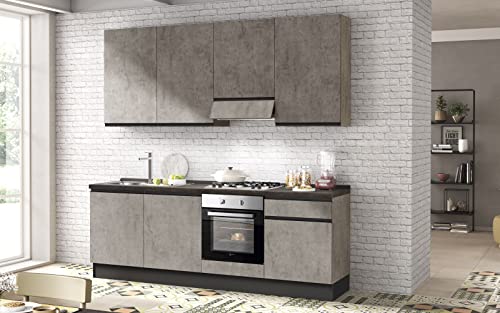 Dafne Italian Design Cucina completa di elettrodomestici (forno, lavandino, cappa cottura) stile Industrial - koncret grigio, lavandino a sinistra - cm. 240 x 60 x 243
