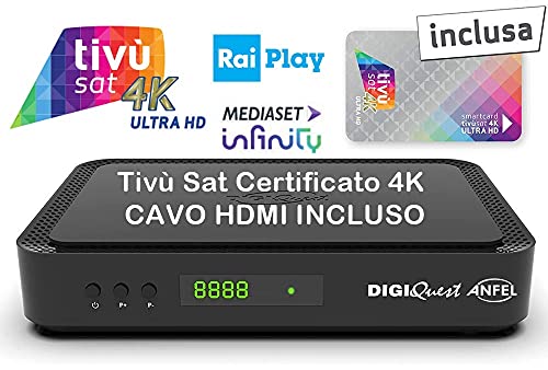 Ricevitore 4K UHD HD Tivù sat Decoder digitale satellitare ad Alta Definizione 4K HD Tivùsat Certificato, Tessera Tivusat HD 4K inclusa, Uscite HDMI, anche per camper e barche, Cavo HDMI in DOTAZIONE