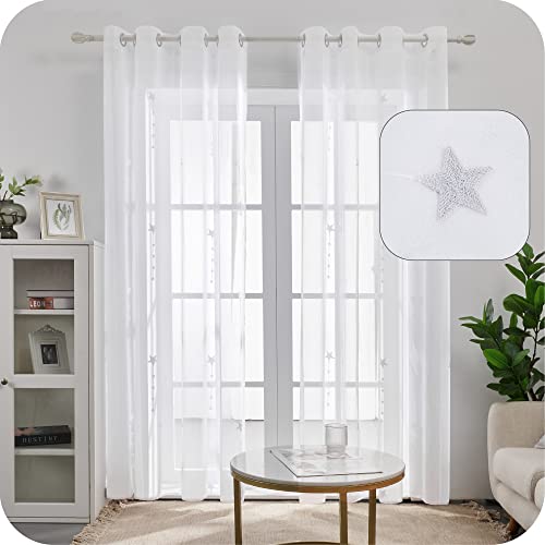 Amazon Brand - Umi Tende Trasparenti in Voile Stelle Ricamate per Salotto Moderne con Occhielli 140x260cm Bianco 2 Pannelli