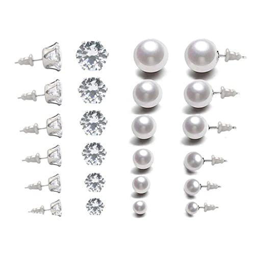 Zeayebsr 12 paia di orecchini da donna orecchini di perle bianche orecchini di zirconi argento orecchini di perle da donna set di orecchini da 3-8 mm per le donne (6 paia di perle, 6 paia di zirconi)