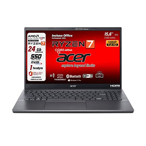 Acer Notebook portatile, Ryzen 7 5825u 8 CORE, RAM 24Gb, SSD da 1 TERA, Display 15,6' Full HD, tastiera retroilluminata, 4 usb, wi-fi 6, hdmi, lan, bt, Win 11 Pro, Suite Office, Preconfigurato