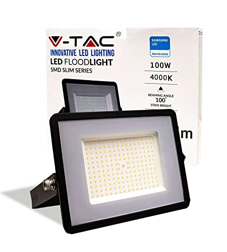 V-TAC Faro LED da Esterno 100W con Chip Samsung - [Ultima Generazione] - IP65-8200 Lumen - Proiettore Faretto LED Esterno Nero per Casa, Giardino, Garage - Impermeabile - Fari - Luce Bianca Naturale