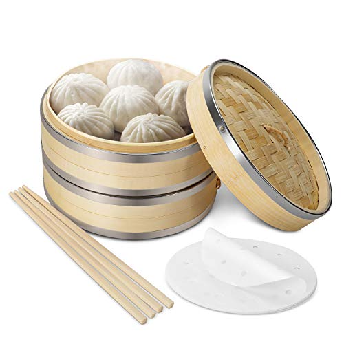 Flexzion Vaporiera di bambù (20,3cm /8 pollici) con fasce in acciaio inox 50x fodere e 2 paia di bacchette, Vaporiera di bamboo cestello cinese, Steamer vapore per cottura cucina cibo asiatico