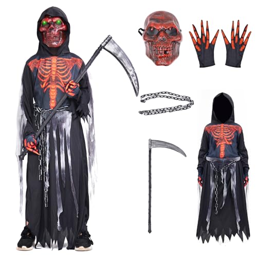 ZUCOS Sensemann Costume da falce, guanti da cranio, unisex, costume Grim Reaper per decorazione di Halloween (rosso, 7-9 anni)