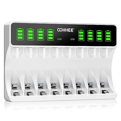 OOHHEE 8 Bays Caricabatterie, Grande Schermo LCD Caricabatterie, per Batterie NI-MH/NI-CD, Caricatore Individuale per Batterie Ricaricabili AA AAA