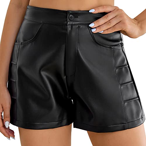 Everbellus Vita Alta Pantaloncini Pelle Shorts con Tasca per Donna Nero X-Large