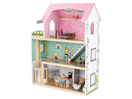 Playtive La casa delle bambole XXL incoraggia l'immaginazione e il gioco di ruolo. Realizzato in legno di provenienza sostenibile. Dimensioni: 64 x 80 x 31 cm (larghezza x altezza)