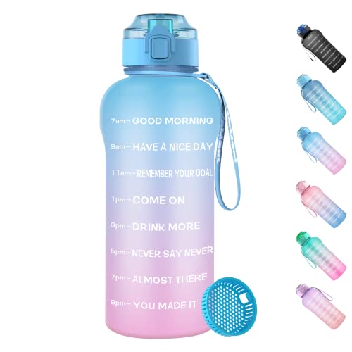 WEMEET Borraccia da 2 l con indicazione del tempo [BPA Free Tritan], borraccia sportiva da 2 litri con filtro per frutta, a prova di perdite, 2000 ml, per campeggio, palestra, picnic, colore blu rosa