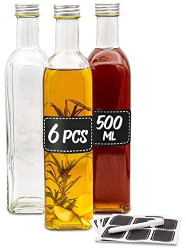6 Bottiglie di Vetro Quadrate con Tappo a Vite - 500ml - Con 6 Etichette e Gesso - Bottiglie vuote per Liquore, Olio