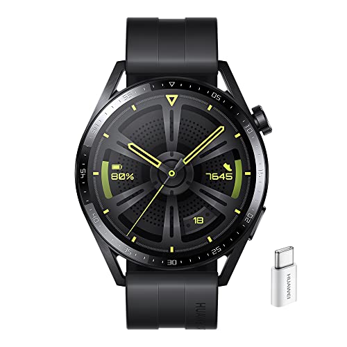 Huawei Watch GT 3 46 mm Smartwatch, Batteria di Lunga Durata, Monitoraggio SpO2, AI Running Coach, Monitoraggio Frequenza Cardiaca, Oltre 100 Modalità di Allenamento, con Adattatore AP52, Nero