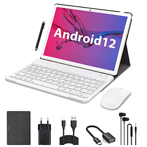 LNMBBS Tablet 10 pollici, 4G LTE Dual SIM, Android 12.0 Tablet PC, 4GB RAM, 64GB ROM (TF 1 TB espandibile), 5MP+8MP, FHD schermo, Tablet con Tastiera | Topo | casi | Penna, WiFi, GPS(Tastiera Oro A)