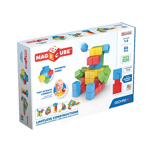 Geomag - Magicube 1+ Full Color - Cubi Magnetici per Bambini - 4 Colori - Confezione da 64 Blocchi - 100% Plastica Riciclata