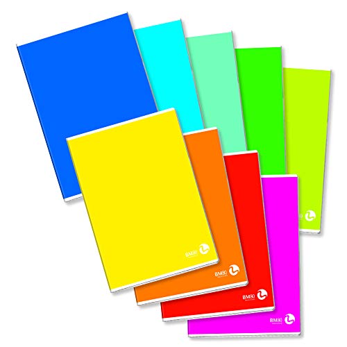 BM BeMore Color Basic 0110605, Quaderno Formato A4, Rigatura 1R, Righe senza Margini, Carta 80g/mq, Colori Assortiti, Confezione 10 pezzi