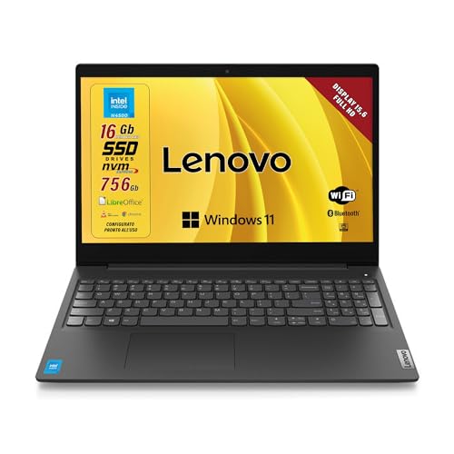 Lenovo, Pc portatile notebook pronto all'uso, Display FHD da 15,6', cpu N4500, ram 16Gb, sshd 756Gb, windows 11 pro, computer portatile con pacchetto Libre Office