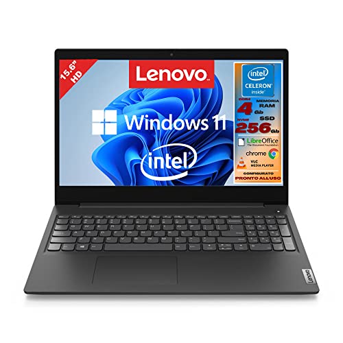 Lenovo, Pc portatile notebook, Display HD da 15,6', cpu Intel N4020, ram 4Gb, ssd m2 256Gb, windows 10 pro, computer portatile pronto all'uso
