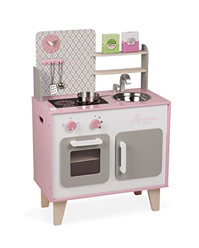 Janod - Wooden Macaron Cooker for Children - Equipped with a Fridge and a Microwave - With Sound - Pretend Play - 5 Accessories Included - For children from the Age of 3, J06567, Pink and White