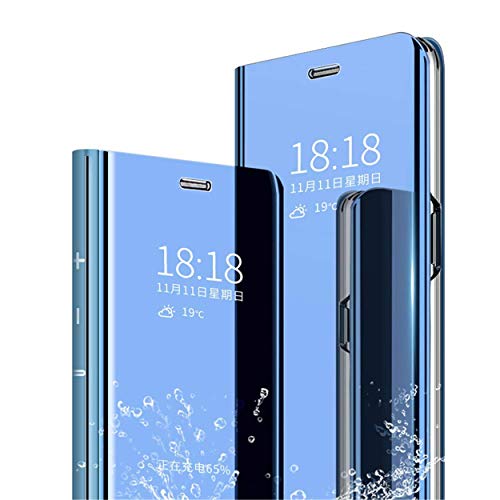 MLOTECH Cover per Huawei Honor 8X Custodia + Vetro temperato Flip Traslucido Clear View Specchio Standing Cover Anti Shock Placcatura Cover Cielo Blu