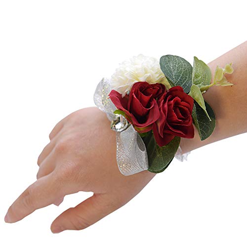 Braccialetto da polso con fiori falsi, per damigella d'onore, bracciale da polso, con fiori artificiali, decorazione per matrimoni, feste, colore: rosso scarlatto