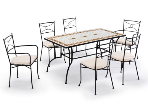 Gruppo Maruccia - Set Tavolo e Sedie da Giardino con Mosaico in Ceramica - 1 Tavolo Rettangolare - 2 Poltrone e 4 Sedie con Cuscini