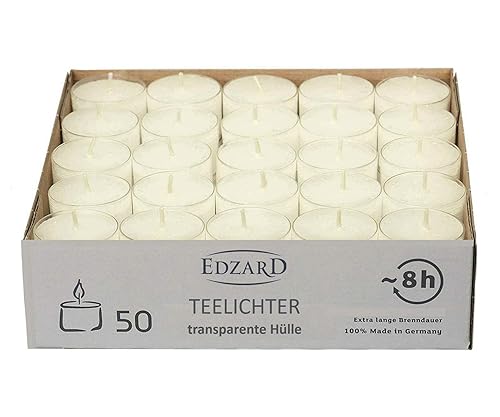 EDZARD 50 candele tealight, bianco naturale, paraffina, bicchiere di plastica trasparente, inodore, durata di combustione circa 8 ore