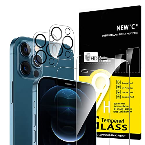 NEW'C Set di 4, 2 x vetro temperato per iPhone 12 Pro e 2 x protezione fotocamera posteriore, anti graffio, senza bolle d'aria, ultra resistente, durezza 9H Glass