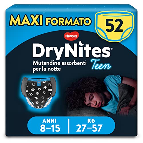 Huggies Drynites Mutandine Assorbenti per la Notte per Bambino, Taglia L (27-57 Kg), Confezione da 52 Mutandine