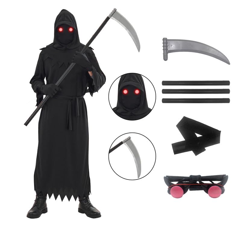 Udekit Grim Reaper Costume Cosplay di Carnevale di Halloween con Armi Occhiali Luminosi e Maschera per Bambini dai 4 ai 7 anni