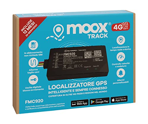 MOOX Track 4G Localizzatore Gps per Auto, Moto, Camion, Barca - App Facile da Usare, Posizione in Tempo Reale, Allarmi e avvisi - Sim e Traffico Incluso per 12 Mesi - Sempre Connesso - Blocco motore
