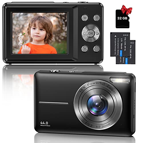 Macchina Fotografica Digitale Fotocamera Compatte con scheda da 32GB, 44MP 1080P HD con Zoom Digitale 16X, 2.4'LCD Ricaricabile per Bambini, Adulti, Principianti (Nero)