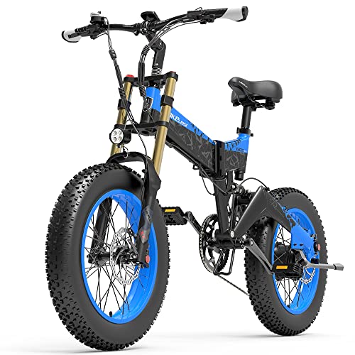 X3000plus-UP Bicicletta elettrica pieghevole per uomo e donna, mountain bike da 20 pollici, ammortizzatori pneumatici forcella anteriore (Blue, 14.5Ah + 1 batteria ricambio)
