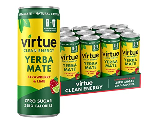 Virtue Yerba Mate - Energy Drink Naturale - Senza Zucchero, Zero Calorie, Vegano, Keto, Senza Glutine (Fragola & Lime, 12 x 250ml)
