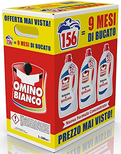 Omino Bianco - Detersivo Lavatrice Igienizzante Liquido, 156 Lavaggi, Igienizza i Capi e Rimuove Germi e Batteri, Formato Convenienza, 3 x 2600 ml
