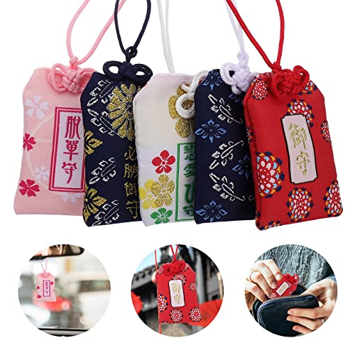 Garneck - Ciondolo giapponese Omamori, 5 pezzi, per santuario giapponese, amuleto portafortuna per amore, educazione, ricchezza, salute, stile casuale