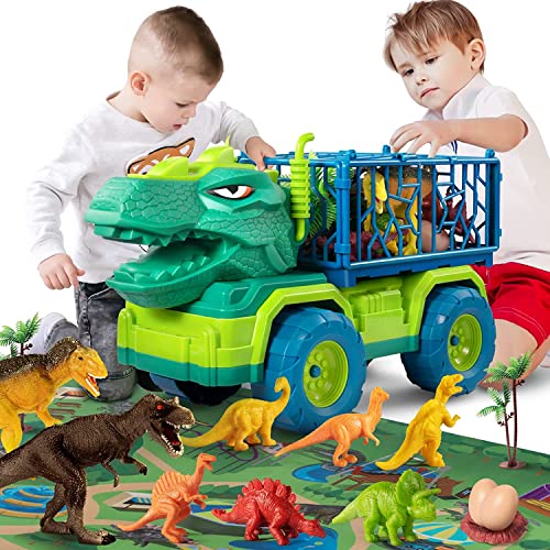 TEMI Giocattolo del camion dei dinosauri per 3-5 anni, trasportatore del tirannosauro con 8 figure, tappetino da gioco per attività, giurassico ragazzo