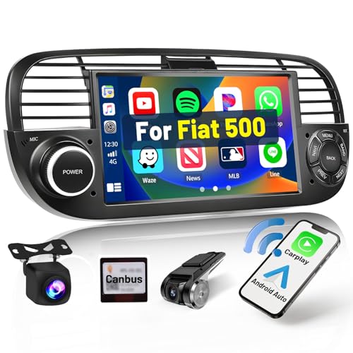Hikity 1+32GB Android 13 Autoardio per Fiat 500 2007-2015 Wireless Apple Carplay Android Auto Radio con Navi Schermo 7 Pollici Stereo Auto Bluetooth WiFi HiFi FM RDS Telecamera Posteriore + Dashcam