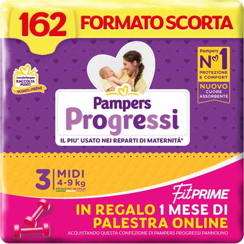 Pampers Progressi & Fit Prime Midi, Formato Scorta, 162 Pannolini, Taglia 3 (4-9 Kg), 1 Mese Di Palestra Online In Omaggio