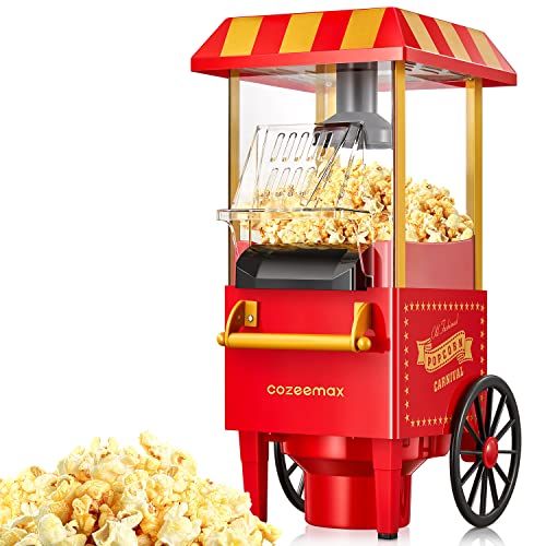 Cozeemax macchina popcorn, 1200 W, macchina per pop corn Retro per la casa, con aria calda, macchina per popcorn senza grassi, senza olio, operazione con un solo tasto, colore: Rosso