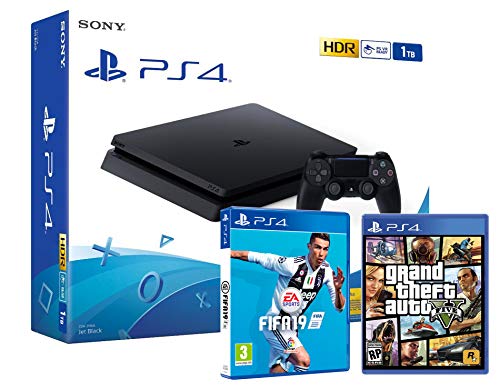 PS4 Slim 1Tb Playstation 4 Nera + FIFA 19 + GTA V