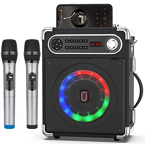 JYX Casse karaoke con 2 microfoni wireless, Altoparlante portatile Bluetooth per Casse karaoke completo con supporto per controllo bassi/alti TF/USB, AUX IN, FM, REC