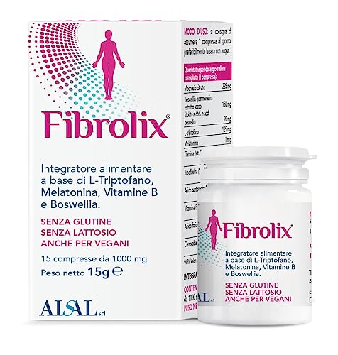 FIBROLIX | Integratore alimentare per rilassare la muscolatura, favorisce il sonno e anti stanchezza, a base di L-Triptofano, Melatonina, Boswellia, Senza Glutine e Senza Lattosio. | 15 compresse