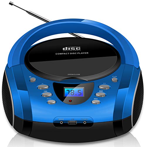 Boombox portatile, lettore CD/CD-R, USB, radio FM, ingresso AUX, jack per cuffie, impianto stereo compatto, colore: blu (Cobalt Blue)