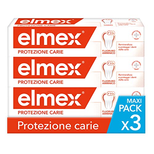 elmex Dentifricio Protezione Carie, Remineralizza e Protegge Efficacemente i Denti dalla Carie, Dentifricio Anticarie con Fluoruro Amminico, 3 x 75 ml