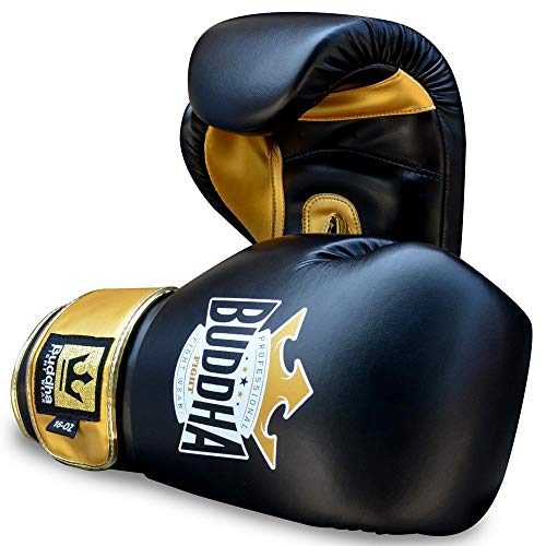 BUDDHA FIGHT WEAR - Guantoni da boxe Top Fight - Muay Thai - Kick Boxing - Pelle sintetica di alta qualità - Imbottitura interna GS-3 - Protezione dagli impatti - Colore nero e oro - Taglia 14 Oz