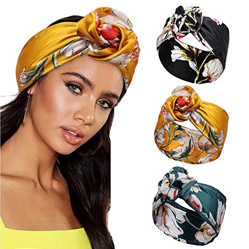Zoestar Fasce larghe per capelli con fiori e turbanti in filo regolabile, fascia per capelli alla moda per donne e ragazze (confezione da 3)