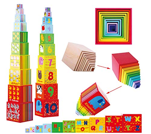 TOWO Scatole in Legno Impilabili Colorate - Cubi con Numeri e Lettere dell’Alfabeto - Scatoline da Abbinare ed Inserire - Giocattolo Educativo materiali Montessori per Bambini di 2 Anni