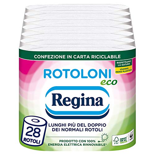 Regina Rotoloni Eco Carta Igienica, Confezione da 28 Rotoli a 2 Veli, 500 Strappi per Rotolo, Bianca e Decorata, Packaging in Carta Riciclabile, Carta 100% Certificata FSC