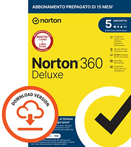 Norton 360 Deluxe 2023 | Antivirus per 5 dispositivi | Licenza di 15 mesi con rinnovo automatico | PC, Mac, tablet e smartphone | Codice d'attivazione via email