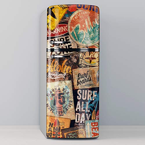 Vinile adesivo decorativo per frigo, senza bolle, design manifesti surf vintage (70 x 200 cm)